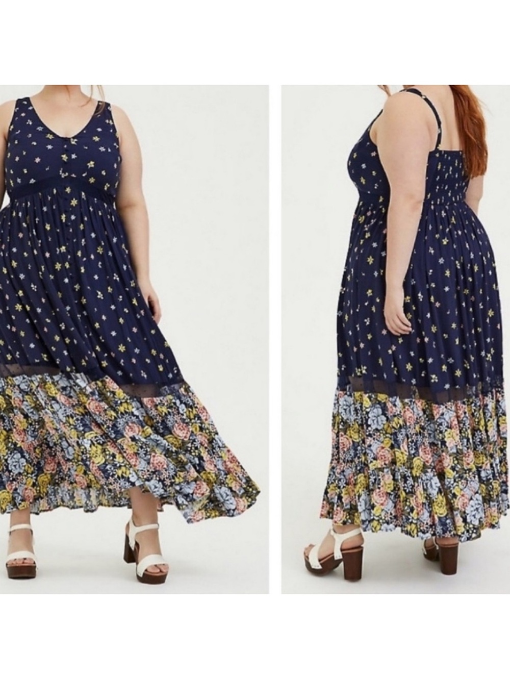 Torrid Navy Mixed Floral Challis Button Maxi Dress Size 1